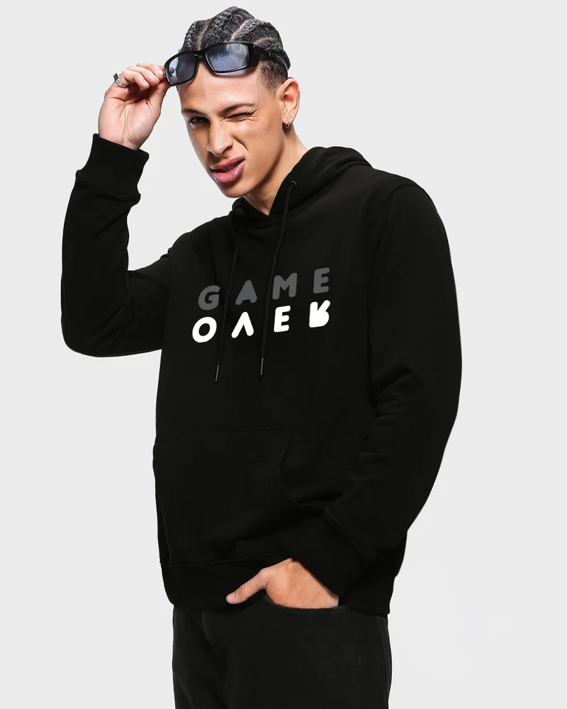 bewakoof Men's Black Game Over Minimal Typography Hoodies